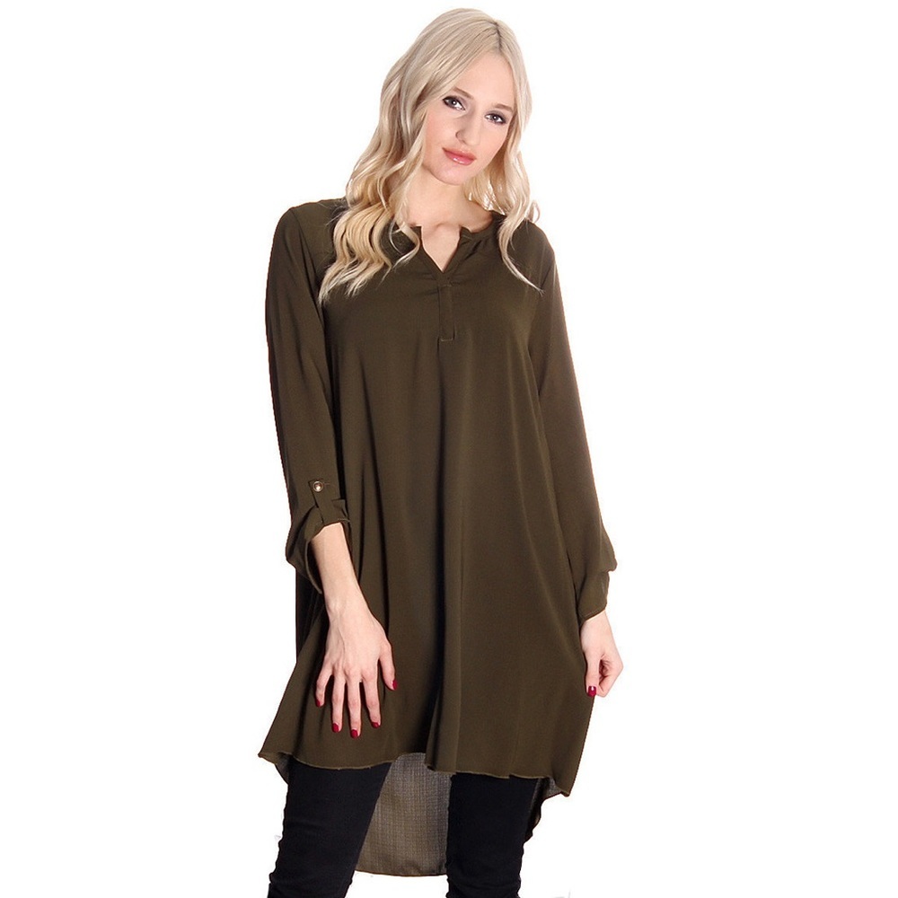 Long Sleeve Green V-Neck Tunic Top Blouse